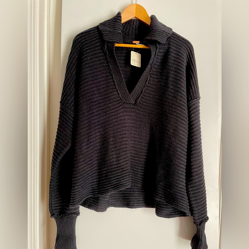 Free People Cotton Blend Ribbed V Neck Pullover Sweater Grey-Black NWT